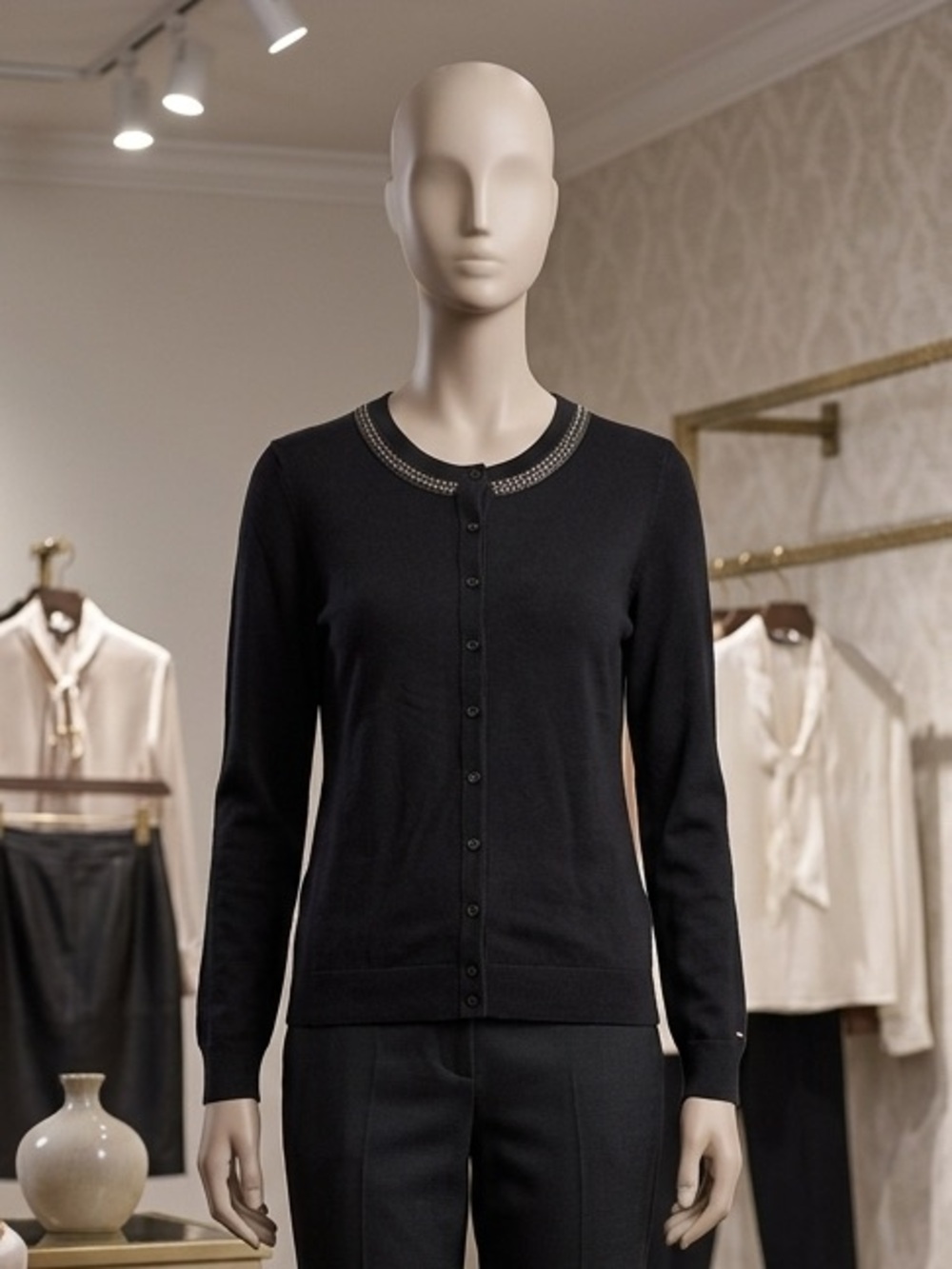 Tommy Hilfiger Black Crewneck Cardigan with Embellished Collar